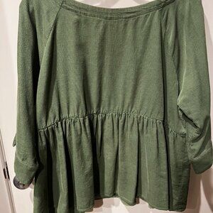 Anthropologie Maeve Maria Green Corduroy Babydoll 3/4 Sleeve Top